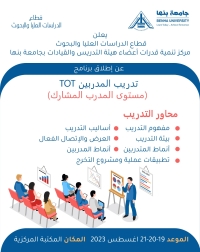 غدا .. مركز تنمية قدرات أعضاء هيئة التدريس بجامعة بنها ينظم برنامج تدريبي لإعداد المدربين