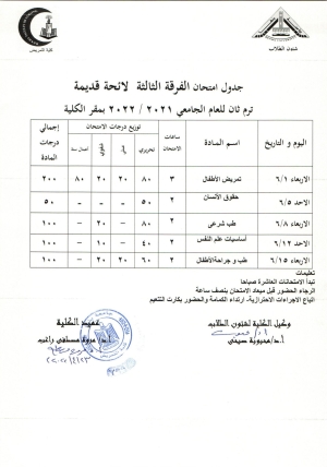 جدول امتحان الفرقة الثالثة لائحة قديمة ترم ثانى للعام الجامعى 2021-2022