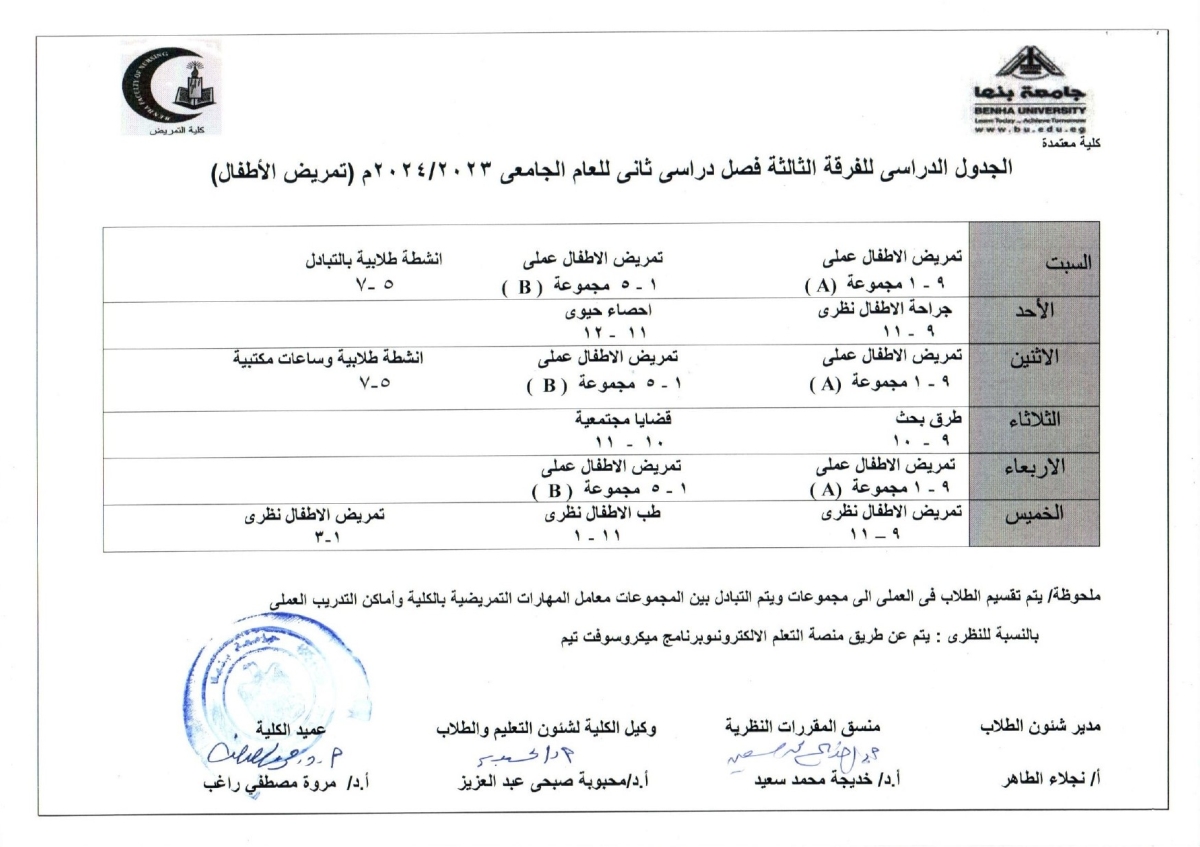 الجدول الدراسى للفرقة الثالثة ( تمريض الاطفال ) الفصل الدراسى الثانى 2023-2024