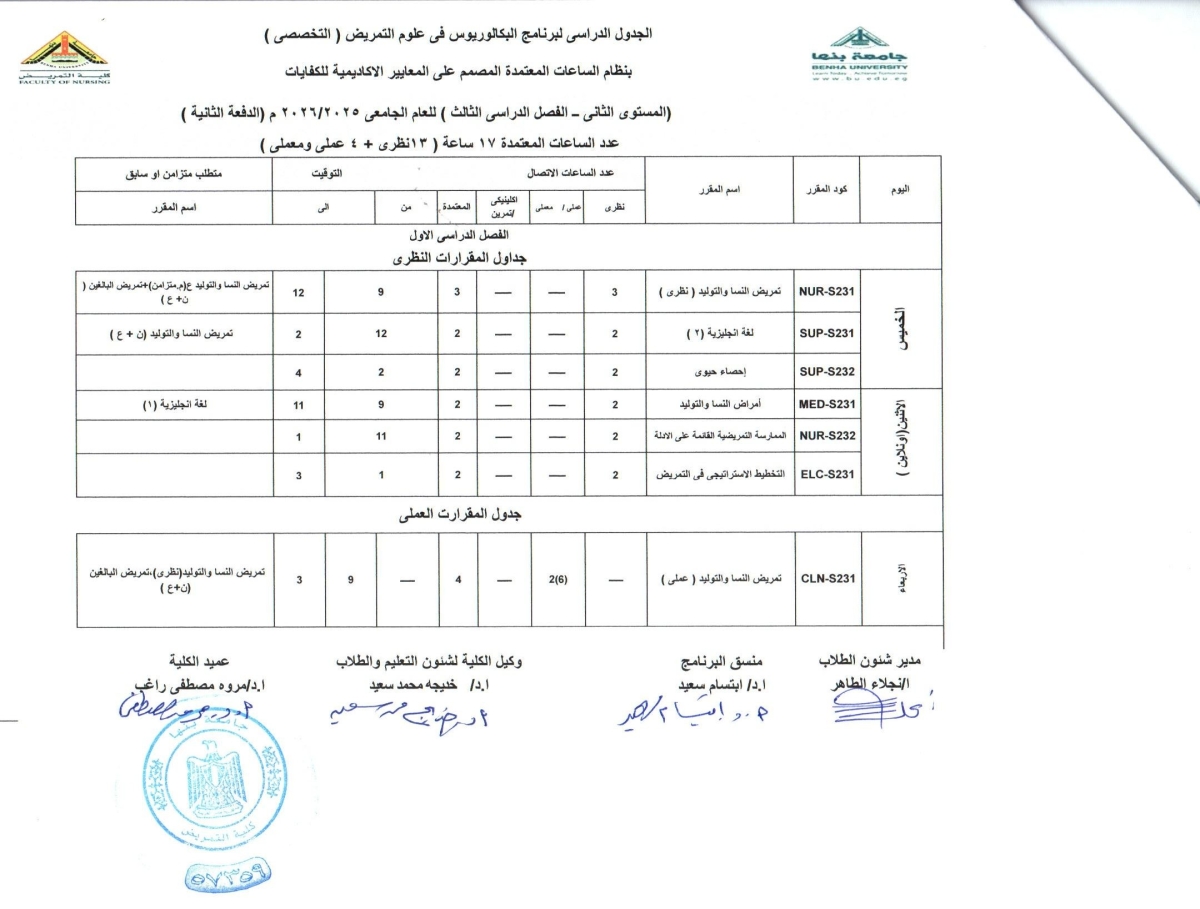 الجدول الدراسي لبرنامج البكالوريوس فى علوم التمريض ( التخصصى) المستوى الثانى الفصل الدراسى الثالث ( الدفعة الثانية) العام الجامعى 2025-2026