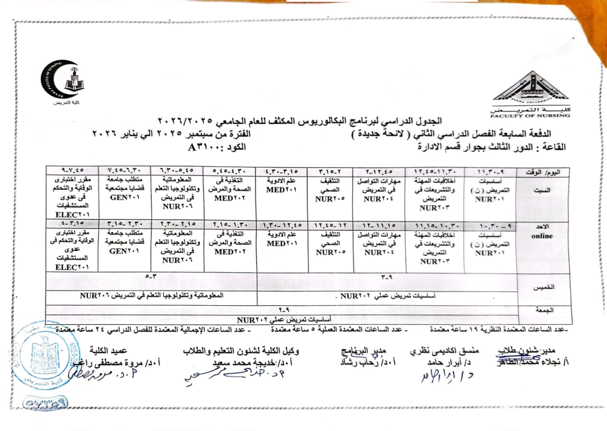 الجدول الدراسي لبرنامج البكالوريوس المكثف للعام الجامعى 2025/2026 الدفعة السابعة الفصل الدراسى الثانى (لائحة جديدة)