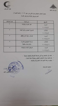 جدول امتحان ماجستير جزء ثانى (لائحة قديمة ) دور مايو 2023 قسم تمريض الولادة وامراض النساء