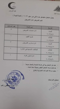 جدول امتحان ماجستير جزء ثانى (لائحة قديمة ) دور مايو 2023 قسم ادارة التمريض