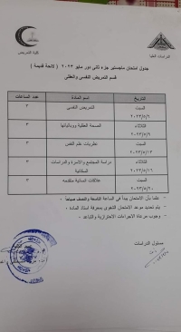 جدول امتحان ماجستير جزء ثانى (لائحة قديمة ) دور مايو 2023 قسم التمريض النفسى والصحة النفسية