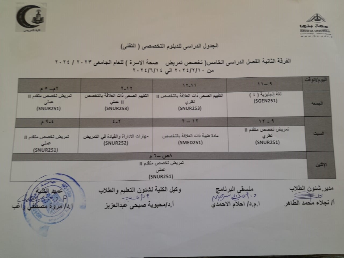 الجدول الدراسى للدبلوم التخصصى ( التقنى ) الفرقة الثانيه الفصل الدراسى الخامس (تمريض صحة اسرة ) 2023-2024