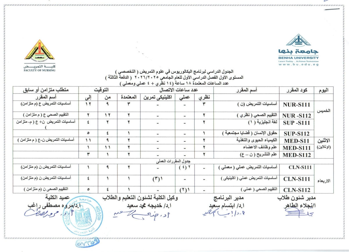 الجدول الدراسي لبرنامج البكالوريوس فى علوم التمريض ( التخصصى) الفصل الدراسى الاول ( الدفعة الثالثة) العام الجامعى 2025-2026